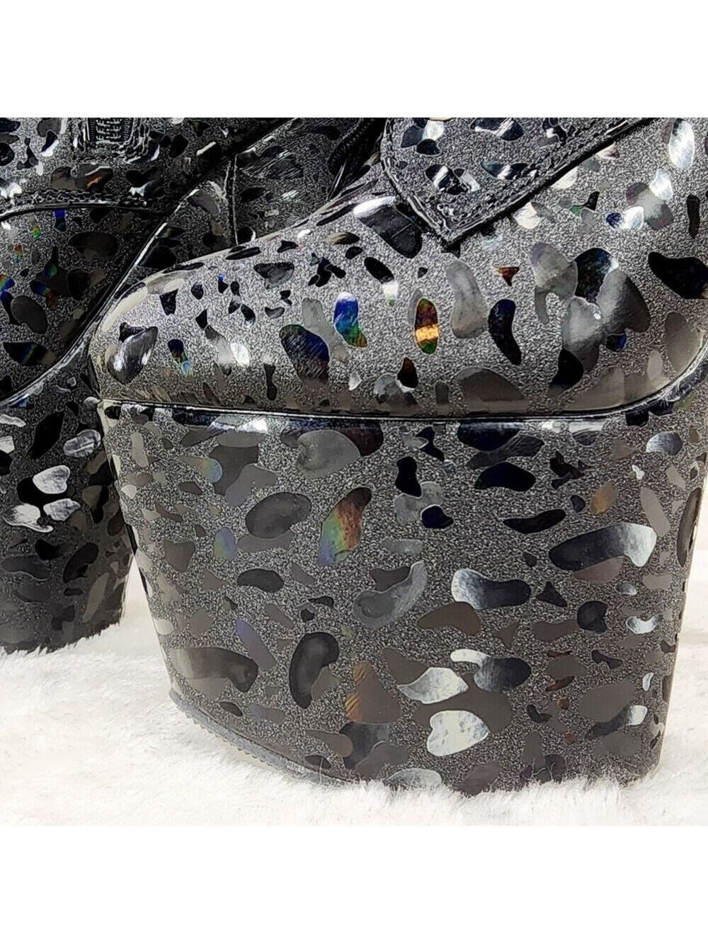 NIB Adore 1040 Black Leopard Hologram 7" High Heel Platform Mid Calf Ankle Boots - Picture 10 of 10